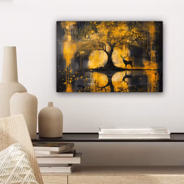 Canvas schilderij - Boom - Verflook - Hert - Natuur - Goud — 5