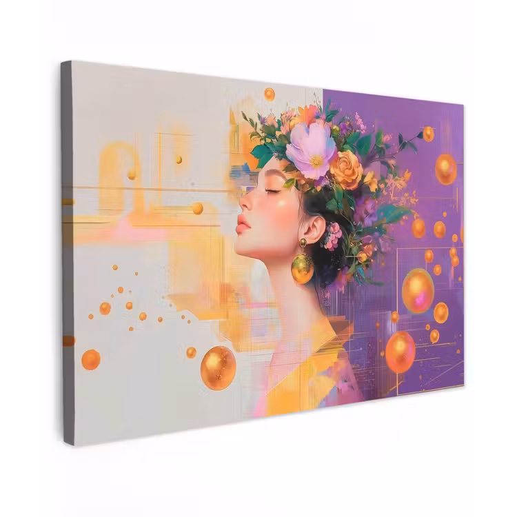 Canvas schilderij - Abstract - Vrouw - Bloemenkroon - Goud — 1