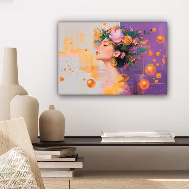 Canvas schilderij - Abstract - Vrouw - Bloemenkroon - Goud — 5