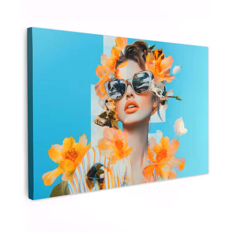 Canvas schilderij - Bloemen - Vrouw - Zonnebril - Blauw — 1