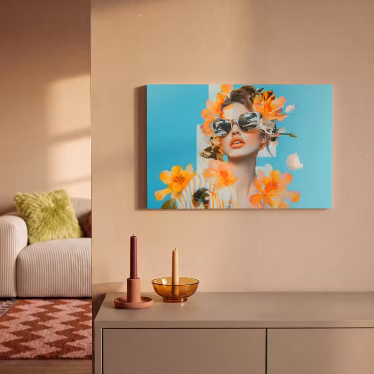 Canvas schilderij - Bloemen - Vrouw - Zonnebril - Blauw — 2