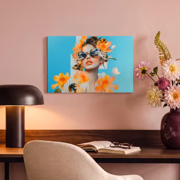 Canvas schilderij - Bloemen - Vrouw - Zonnebril - Blauw — 4