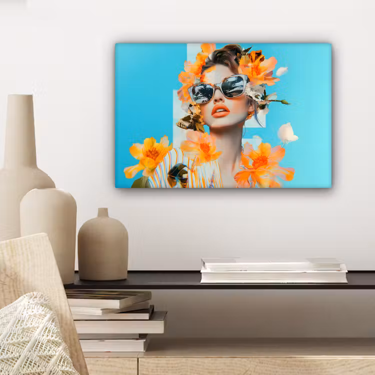 Canvas schilderij - Bloemen - Vrouw - Zonnebril - Blauw — 5