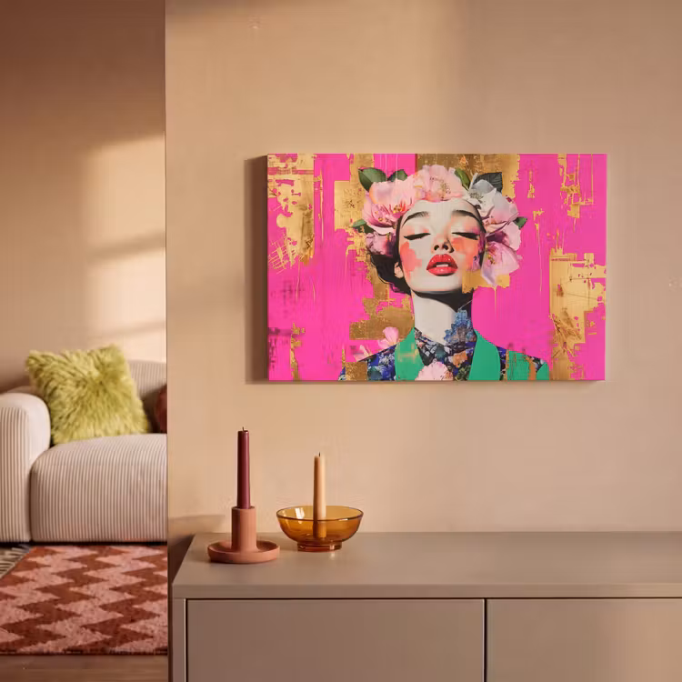 Canvas schilderij - Bloemenkroon - Goud - Vrouw - Portret — 2