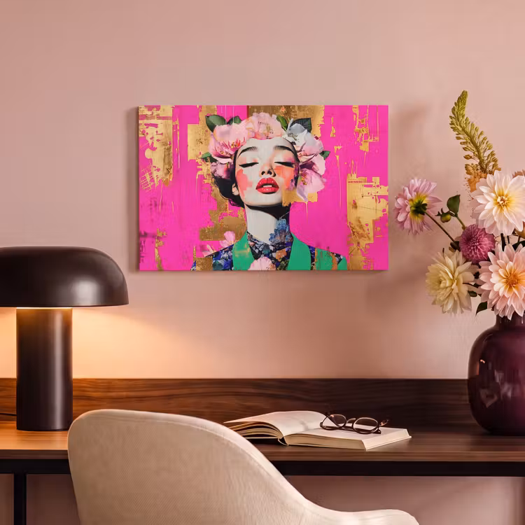 Canvas schilderij - Bloemenkroon - Goud - Vrouw - Portret — 4