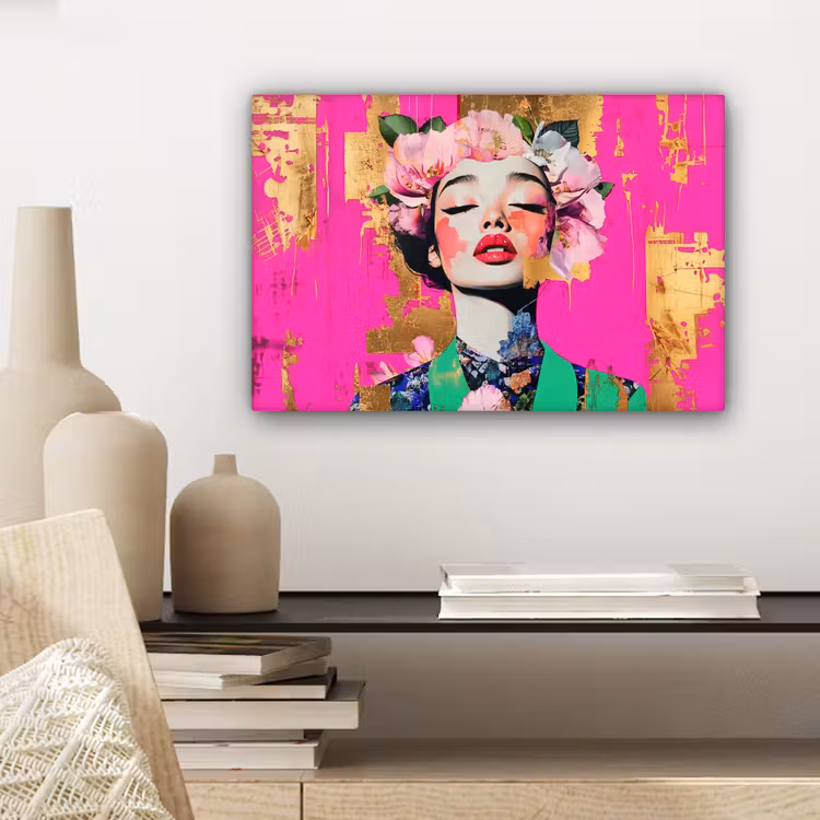 Canvas schilderij - Bloemenkroon - Goud - Vrouw - Portret — 5