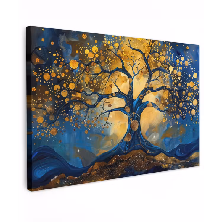 Canvas schilderij - Boom - Levensboom - Blauw - Goud — 1