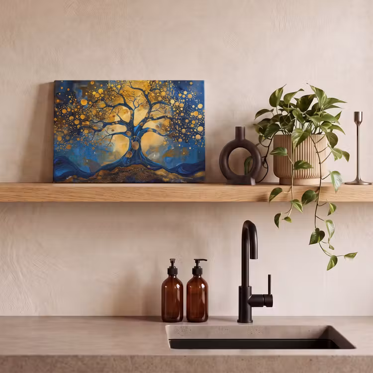 Canvas schilderij - Boom - Levensboom - Blauw - Goud — 3