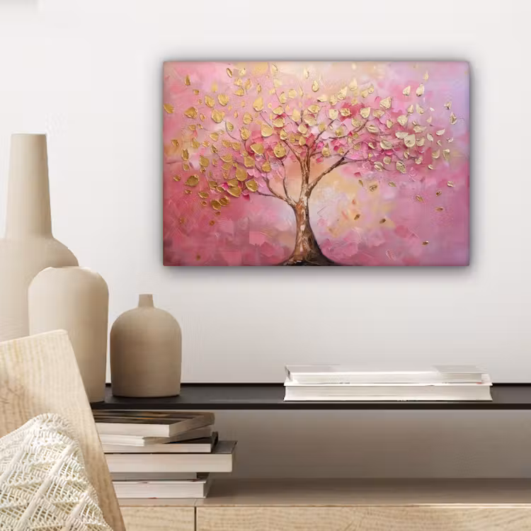 Canvas schilderij - Boom - Roze - Goud - Modern — 5