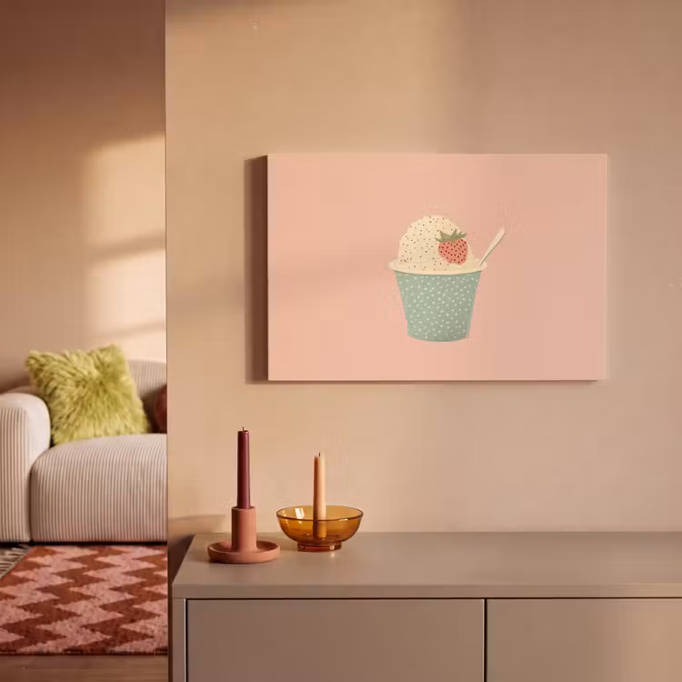 Canvas schilderij - Bakje - Ijs - Aardbei - Roze — 2