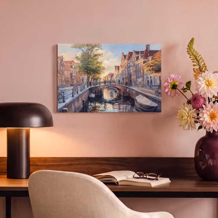 Canvas schilderij - Brug - Stad - Huizen - Boot — 4