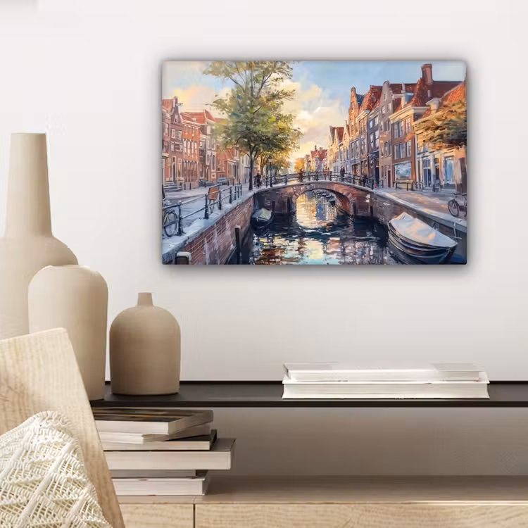 Canvas schilderij - Brug - Stad - Huizen - Boot — 5
