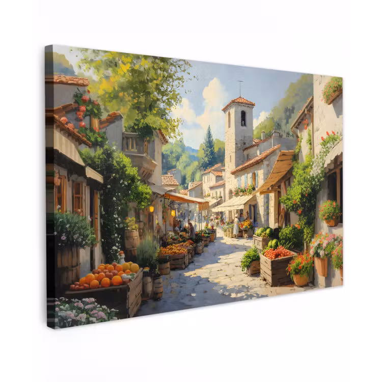 Canvas schilderij - Dorp - Zon - Kraampjes - Huizen — 1