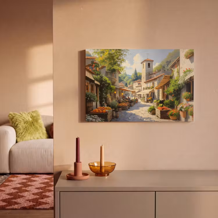 Canvas schilderij - Dorp - Zon - Kraampjes - Huizen — 2