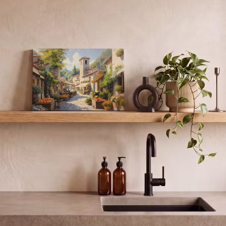 Canvas schilderij - Dorp - Zon - Kraampjes - Huizen — 3