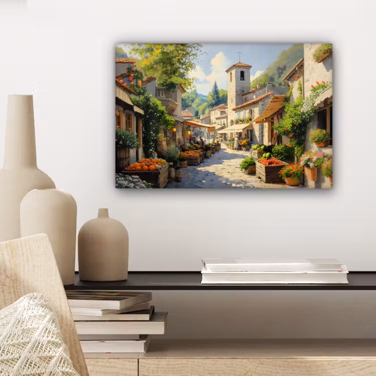 Canvas schilderij - Dorp - Zon - Kraampjes - Huizen — 5