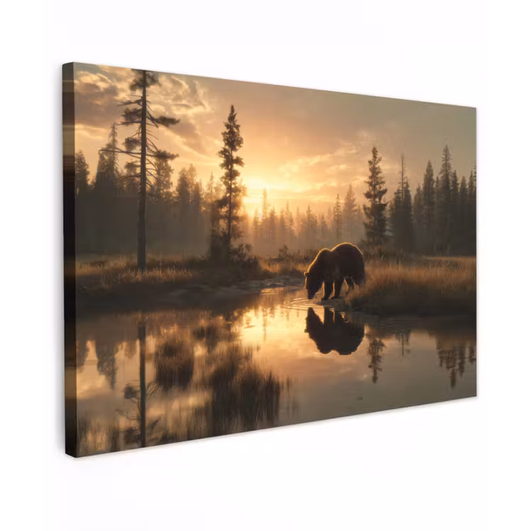 Canvas schilderij - Beer - water - Bos - Ochtendlicht — 1