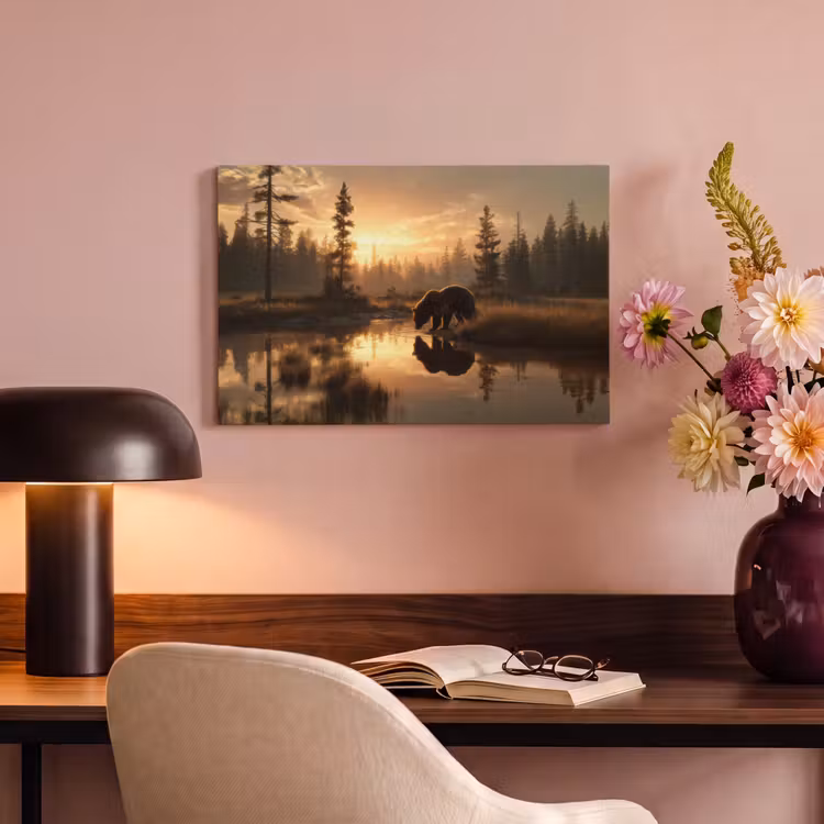 Canvas schilderij - Beer - water - Bos - Ochtendlicht — 4