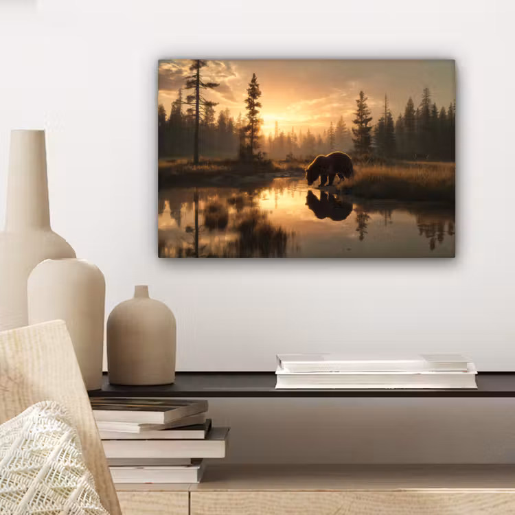 Canvas schilderij - Beer - water - Bos - Ochtendlicht — 5