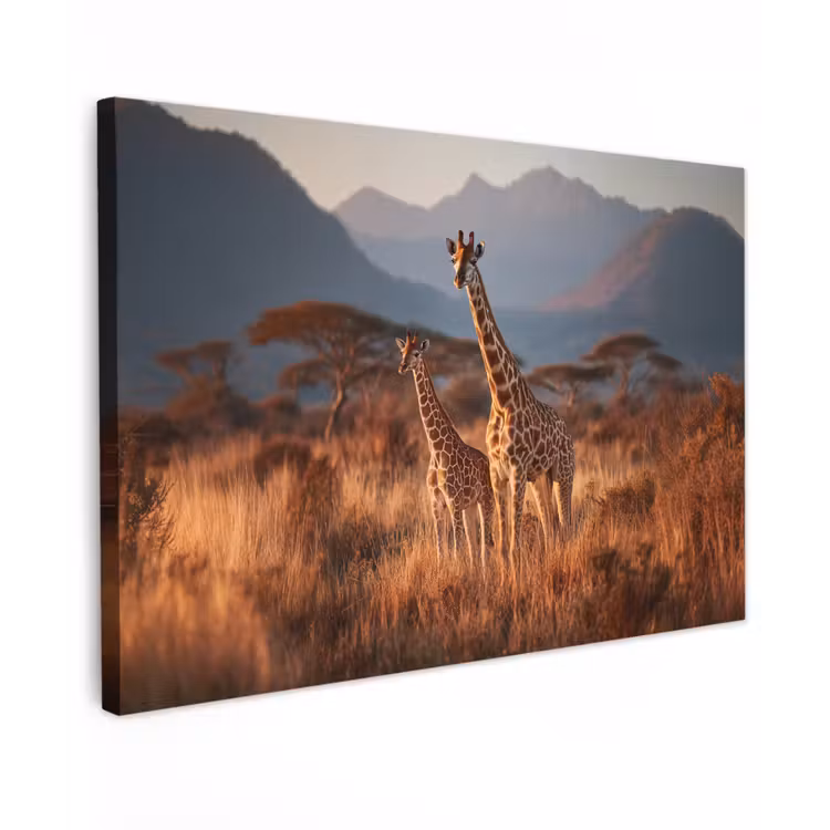 Canvas schilderij - Giraffen - Hoog gras - Acaciabomen — 1