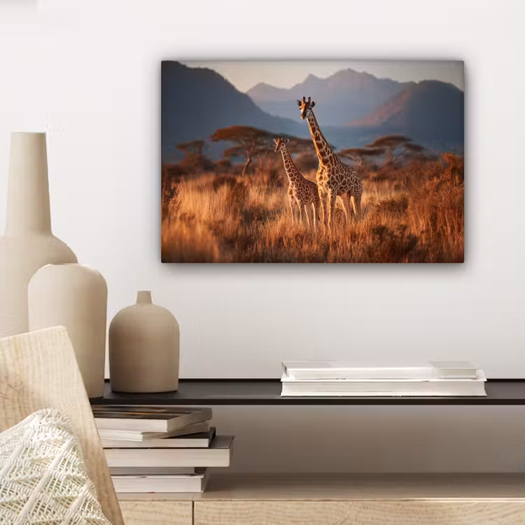 Canvas schilderij - Giraffen - Hoog gras - Acaciabomen — 5
