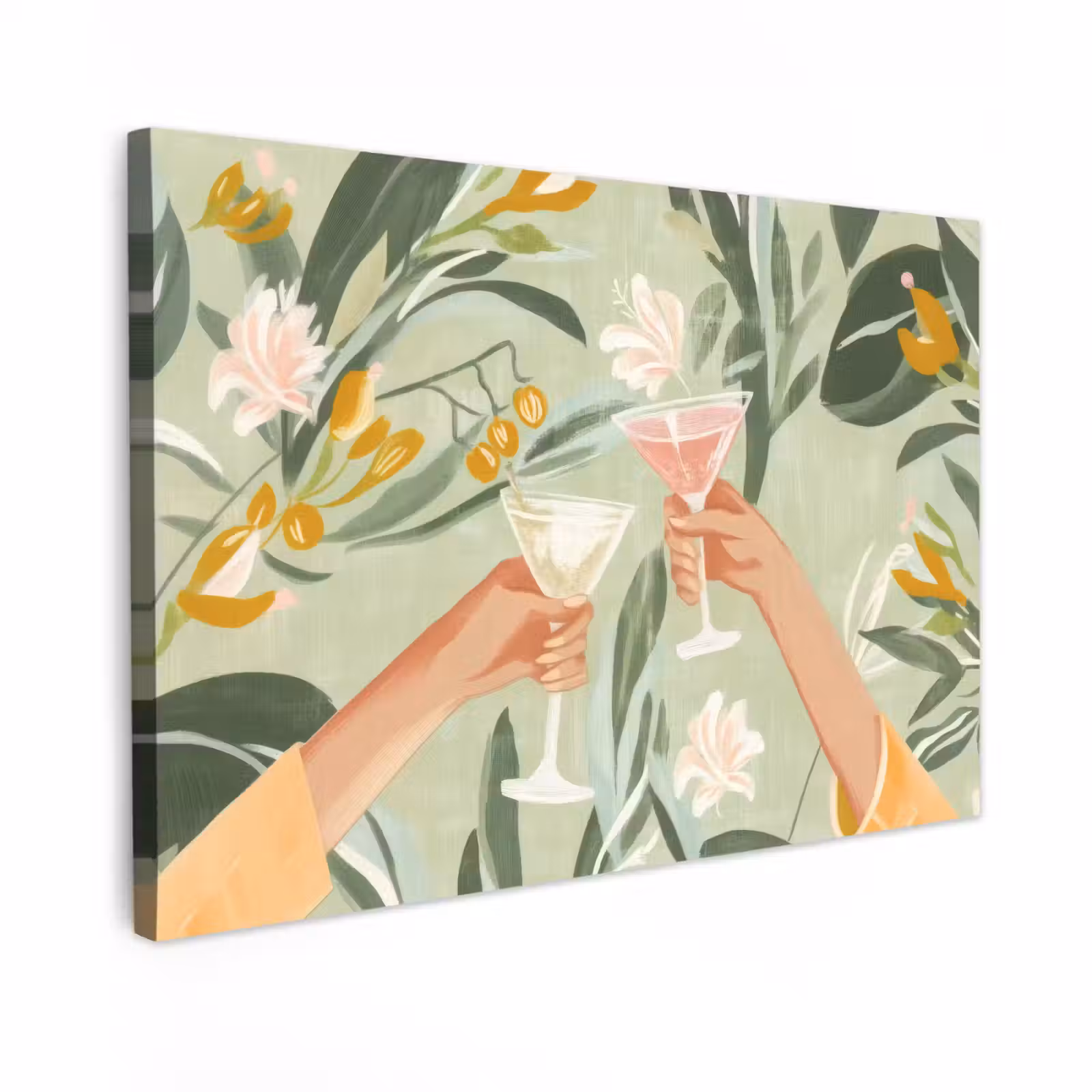 Canvas schilderij - Glazen - Proosten - Bladeren - Groen — 1