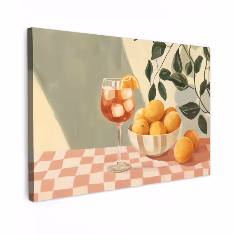 Canvas schilderij - Citroenen - Glas - Tafelkleed - Geblokt — 1
