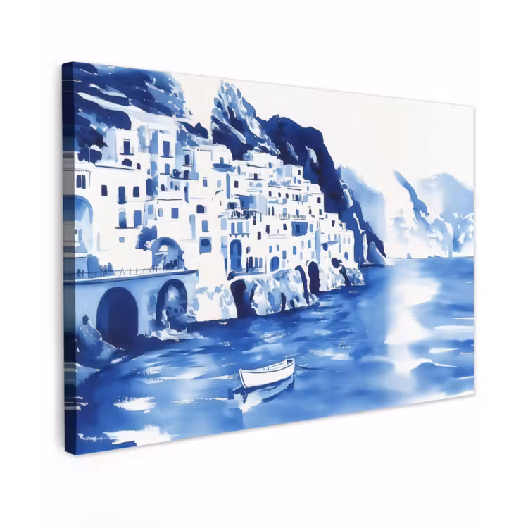Canvas schilderij - Dorp - Rotswand - Roeiboot - Water — 1
