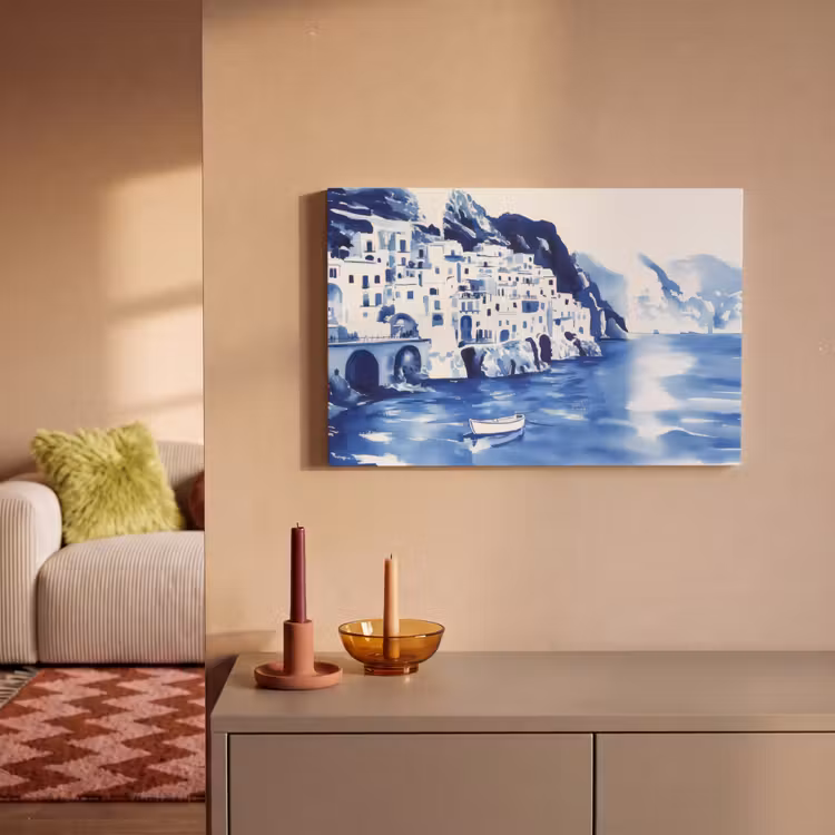 Canvas schilderij - Dorp - Rotswand - Roeiboot - Water — 2