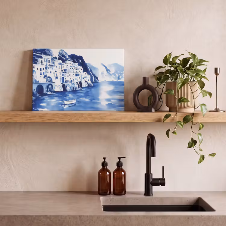Canvas schilderij - Dorp - Rotswand - Roeiboot - Water — 3