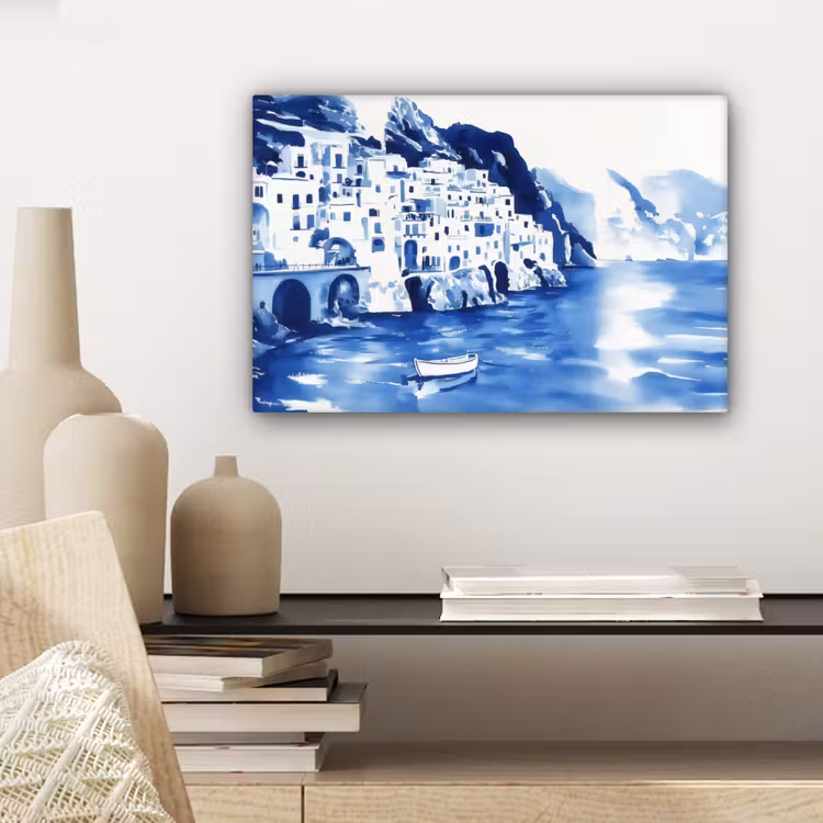 Canvas schilderij - Dorp - Rotswand - Roeiboot - Water — 5