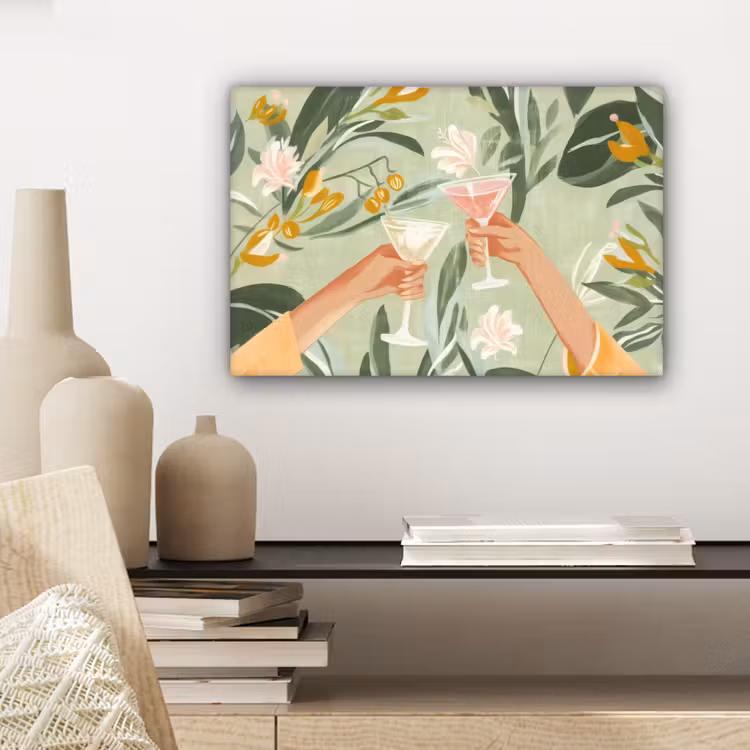 Canvas schilderij - Glazen - Proosten - Bladeren - Groen — 5