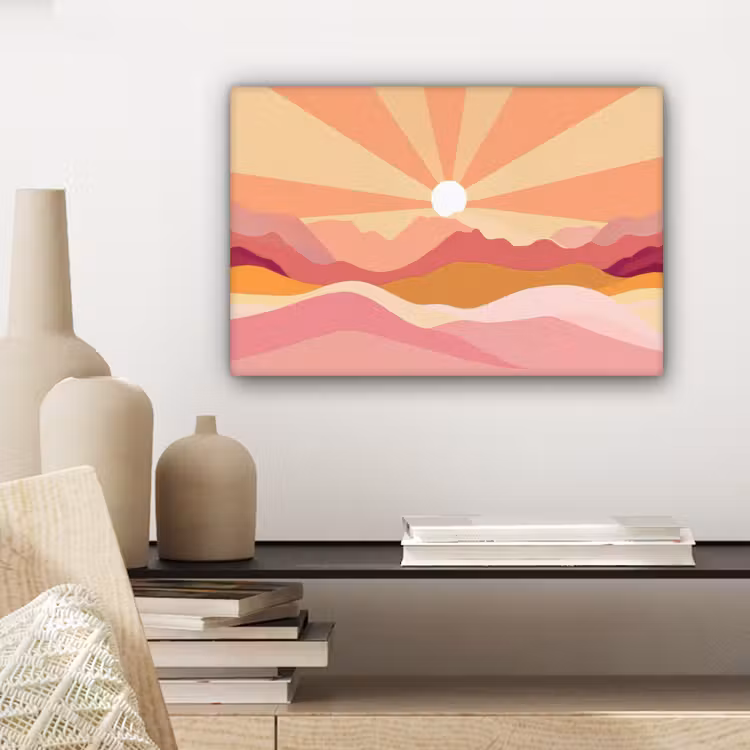 Canvas schilderij - Bergen - Abstract - Zonnestralen - Roze — 5