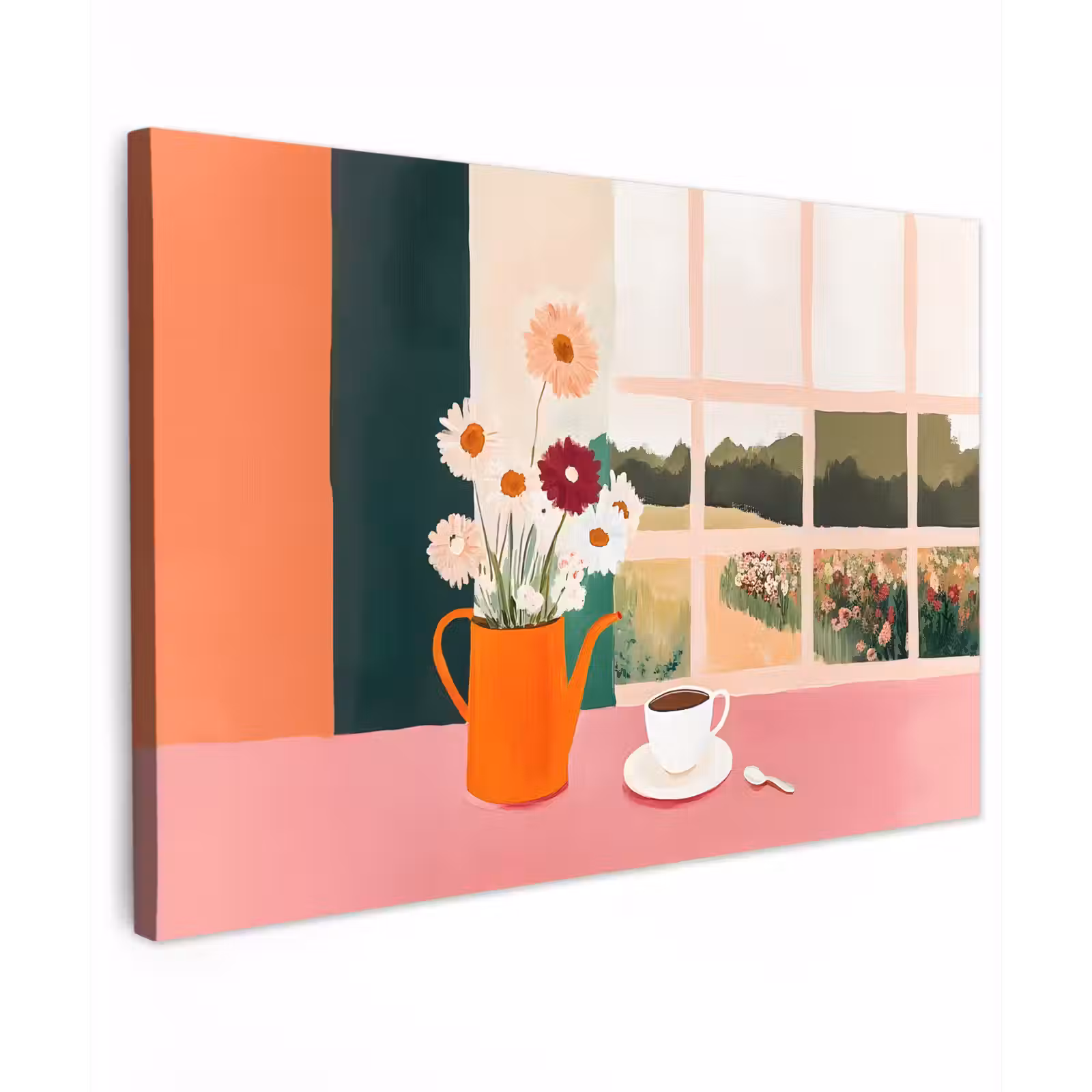 Canvas schilderij - Bloemen - Koffie - Raam — 1