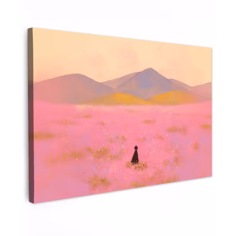Canvas schilderij - Bloemenweide - Heuvels - Silhouet - Roze — 1