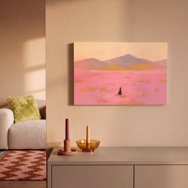 Canvas schilderij - Bloemenweide - Heuvels - Silhouet - Roze — 2