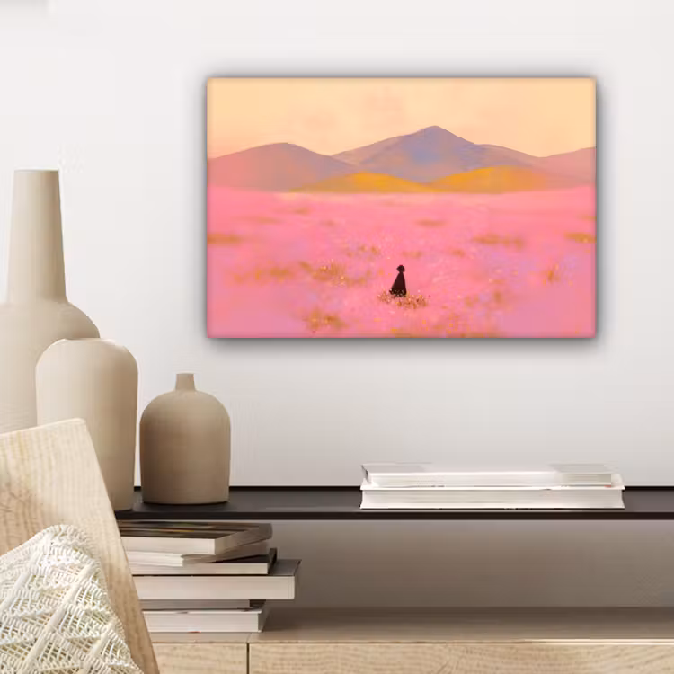 Canvas schilderij - Bloemenweide - Heuvels - Silhouet - Roze — 5