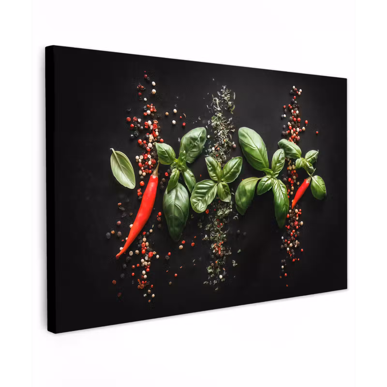 Canvas schilderij - Chilipepers - Basilicum - Blaadjes - Rood — 1
