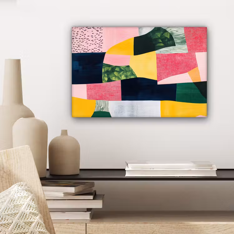 Canvas schilderij - Abstract - Roze - Lappen - Vormen - Geel — 5