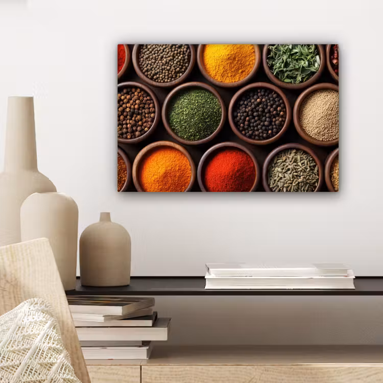 Canvas schilderij - Bakjes - Hout - Kruiden - Kleurrijk — 5