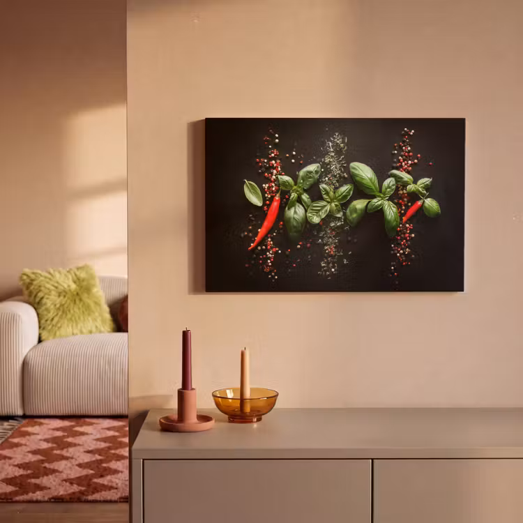 Canvas schilderij - Chilipepers - Basilicum - Blaadjes - Rood — 2