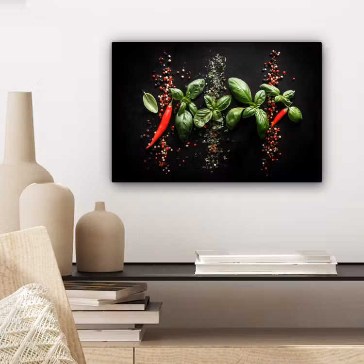 Canvas schilderij - Chilipepers - Basilicum - Blaadjes - Rood — 5