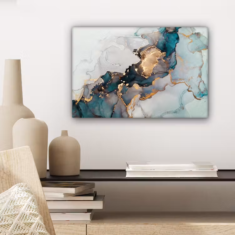 Canvas schilderij - Blauw - Marmer - Goud — 5