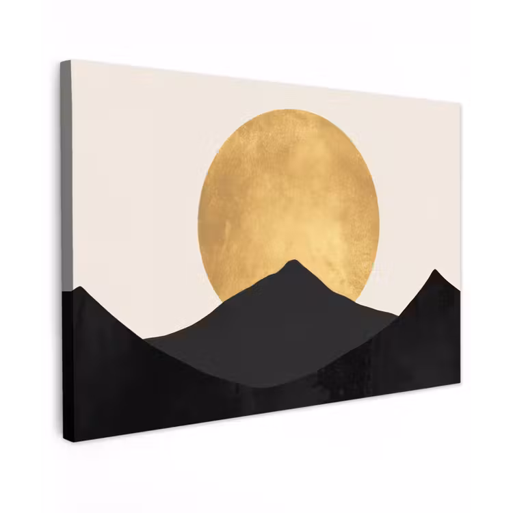 Canvas schilderij - Bergsilhouetten - Gouden cirkel - Beige — 1