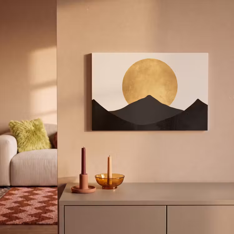 Canvas schilderij - Bergsilhouetten - Gouden cirkel - Beige — 2