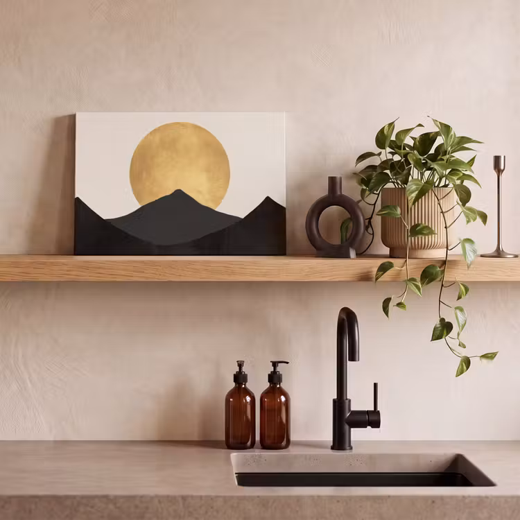 Canvas schilderij - Bergsilhouetten - Gouden cirkel - Beige — 3