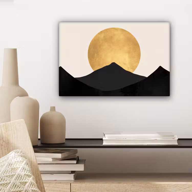 Canvas schilderij - Bergsilhouetten - Gouden cirkel - Beige — 5