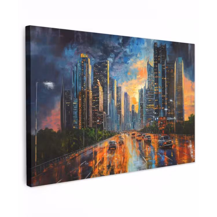 Canvas schilderij - Auto - Skyline - Zon - Blauw — 1