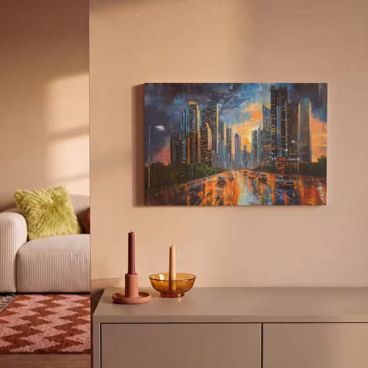 Canvas schilderij - Auto - Skyline - Zon - Blauw — 2