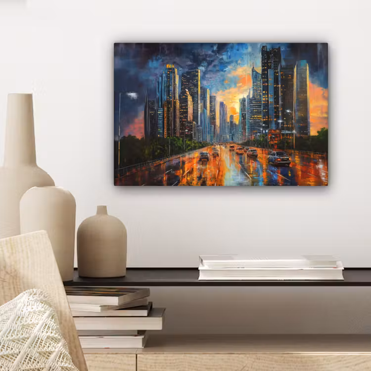 Canvas schilderij - Auto - Skyline - Zon - Blauw — 5
